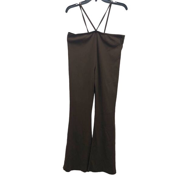 TOPSHOP Flared Trouser Pants Size 8 Brown Ribbed Cross Hip Straps Cutouts NWOT - Picture 6 of 8